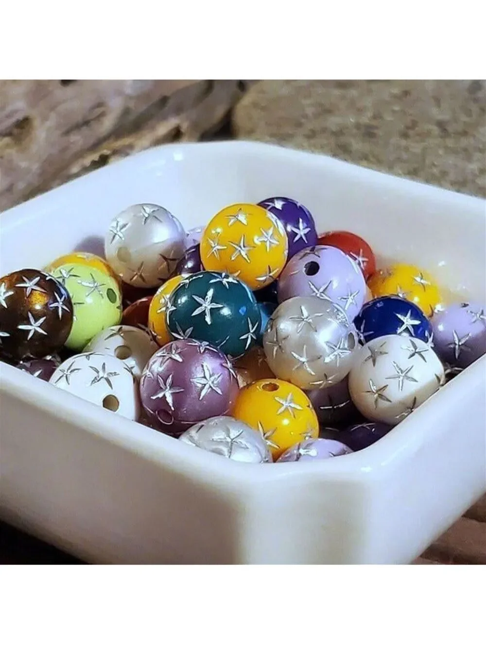 Vintage Retro Mixed Colors Silver Stars 12mm Round Acrylic Shabby Beads 10 pcs